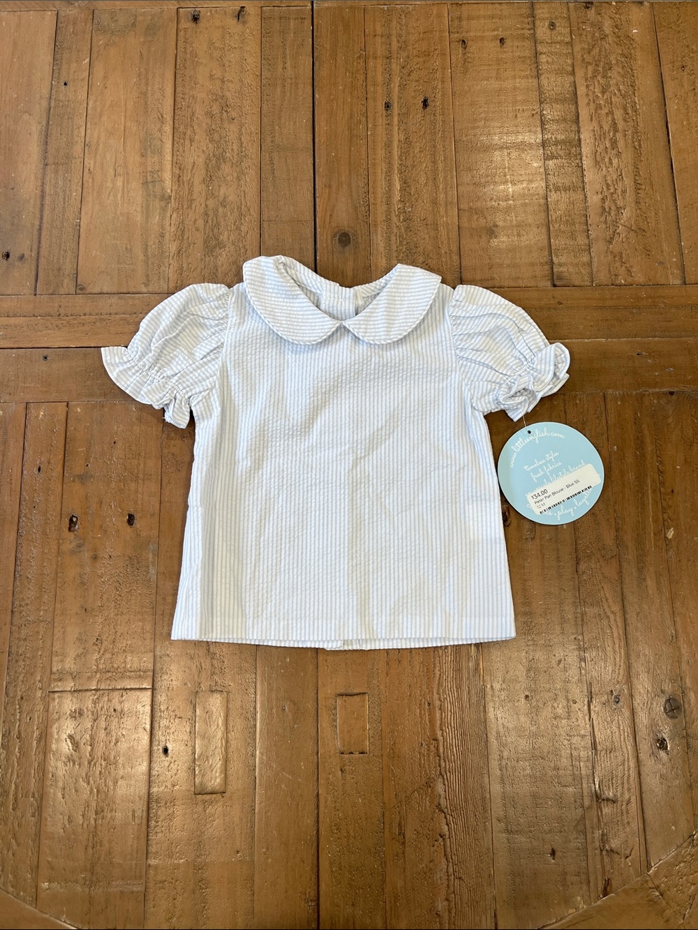 Little English blue seersucker stripe Peter Pan collar short sleeve blouse 12m